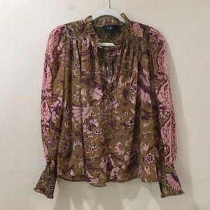 OPT one pretty time Top Blouse womens L smocked tie metallic Brown Sheer Floral